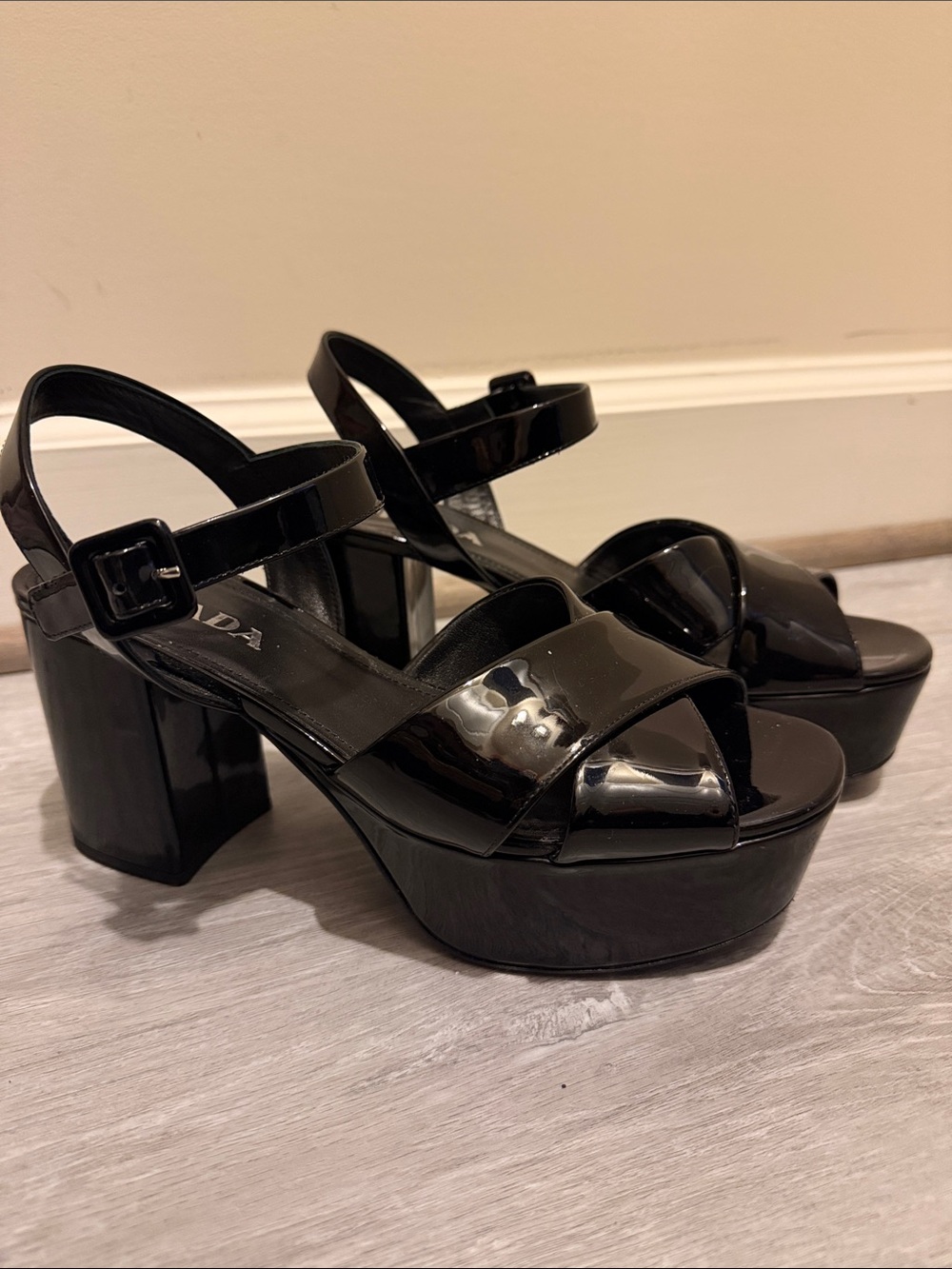 Prada Black Patent Platform Sandals